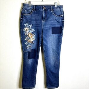 Chico's Blue Straight Leg Jeans patch Embroidered Girlfriend Sz 8 10 ankle boho